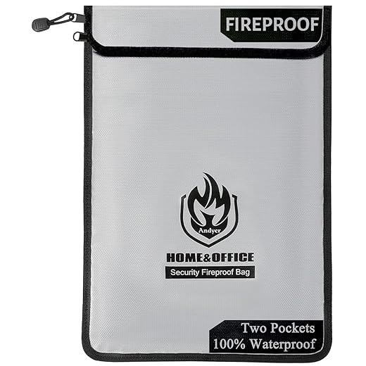 Upgraded Two Pockets Fireproof Document Bag (2000℉), andyer 15”x 11”Waterproof Fireproof Money Bag for Cash with Zipper, Important Document Storage Organizer for Valuables, Legal Documents Safe