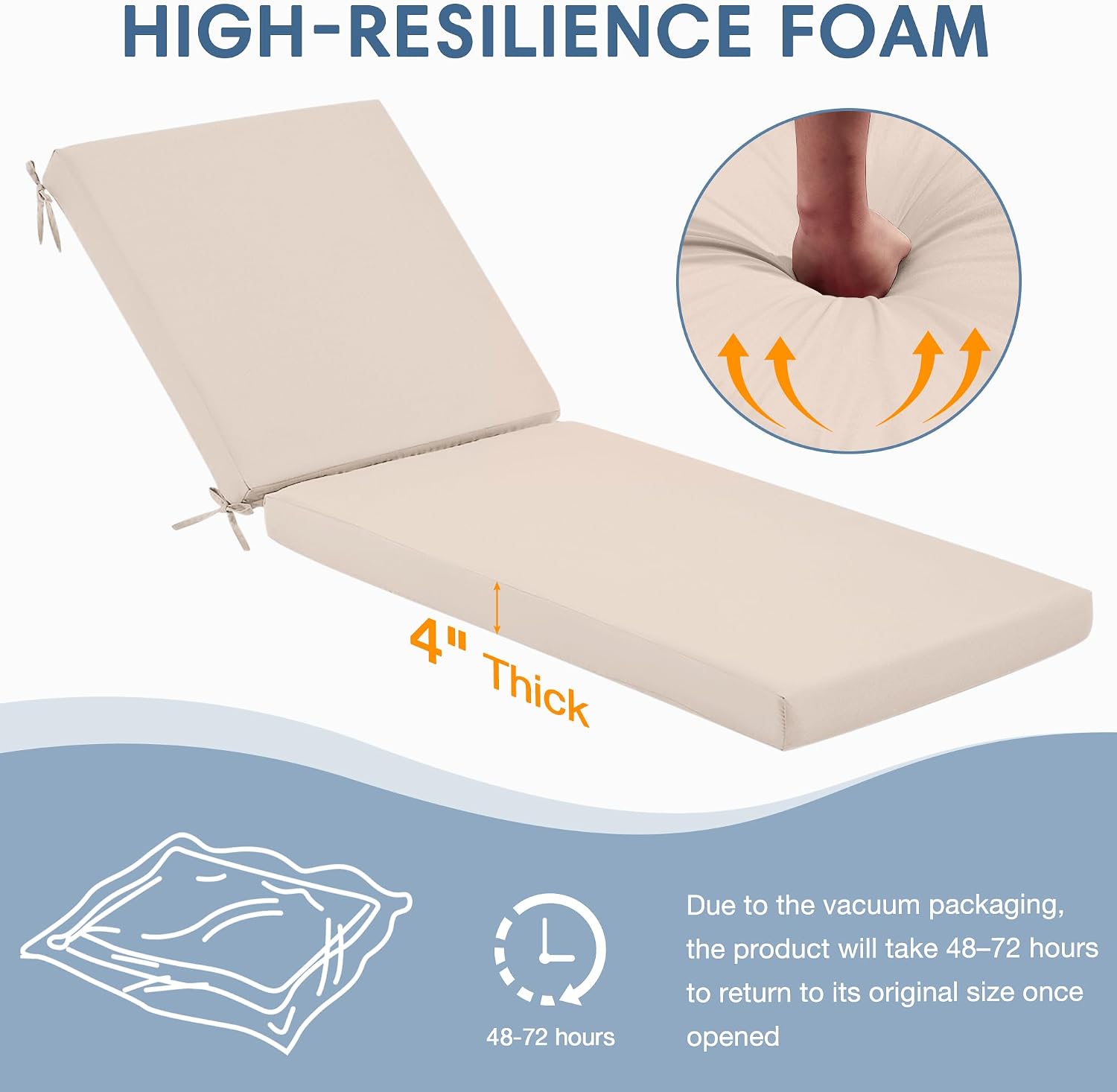 HOMREST Outdoor Lounge Chair Cushion Set of 2, 73.2 x 22.8 x 3.94 Inches Pool Chaise Lounge Cushion with Weather Fade Tear Resistant Fabric, Beige
