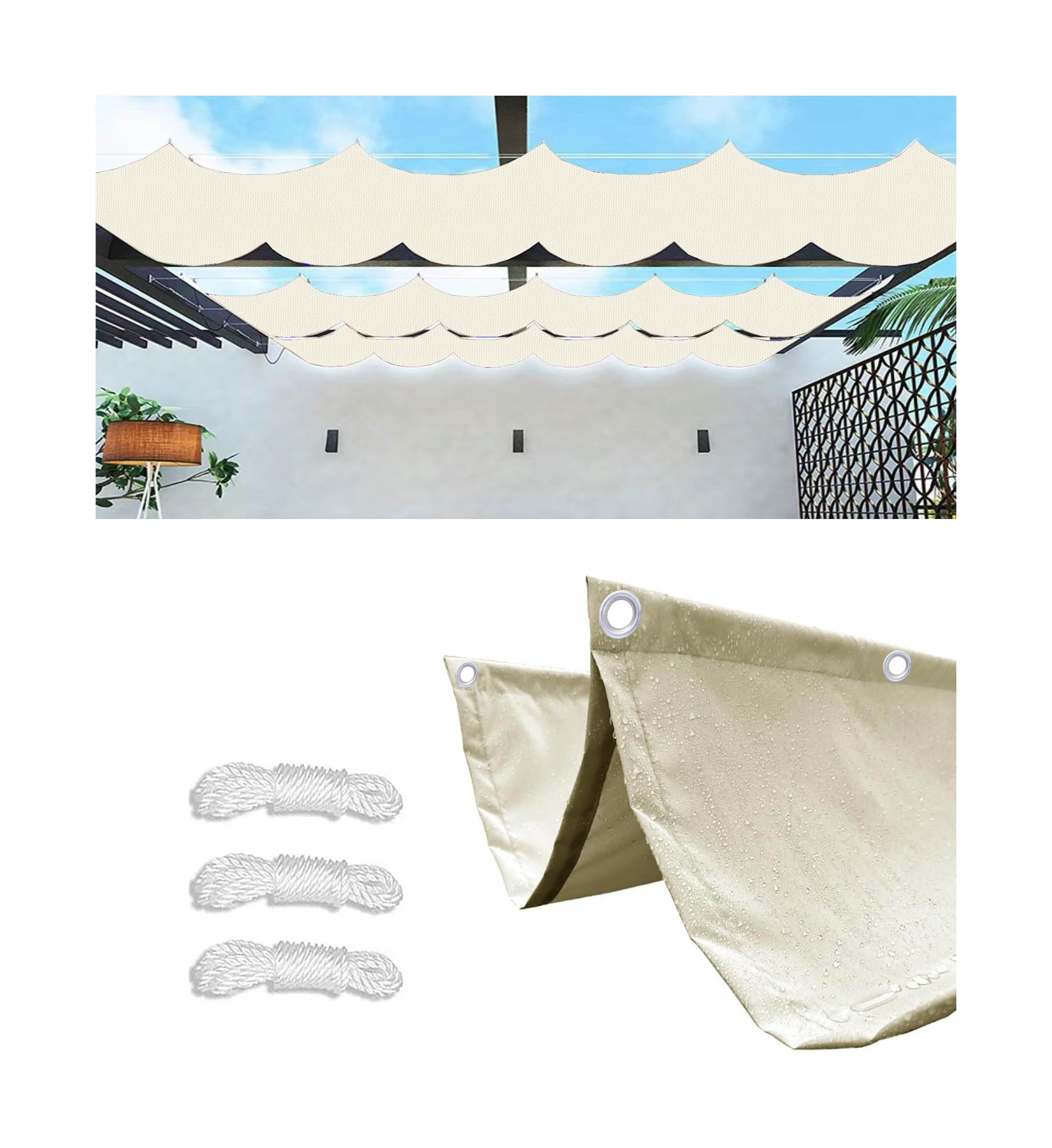 Toldo Vela de Sombra Retráctil Impermeable 1.5x3M(AxL) Ondulada Toldos Exterior Protección Rayos UV Resistente al Desgarro para Terraza Balcon Exteriores Jardín con Ojales y Cuerdas Crema