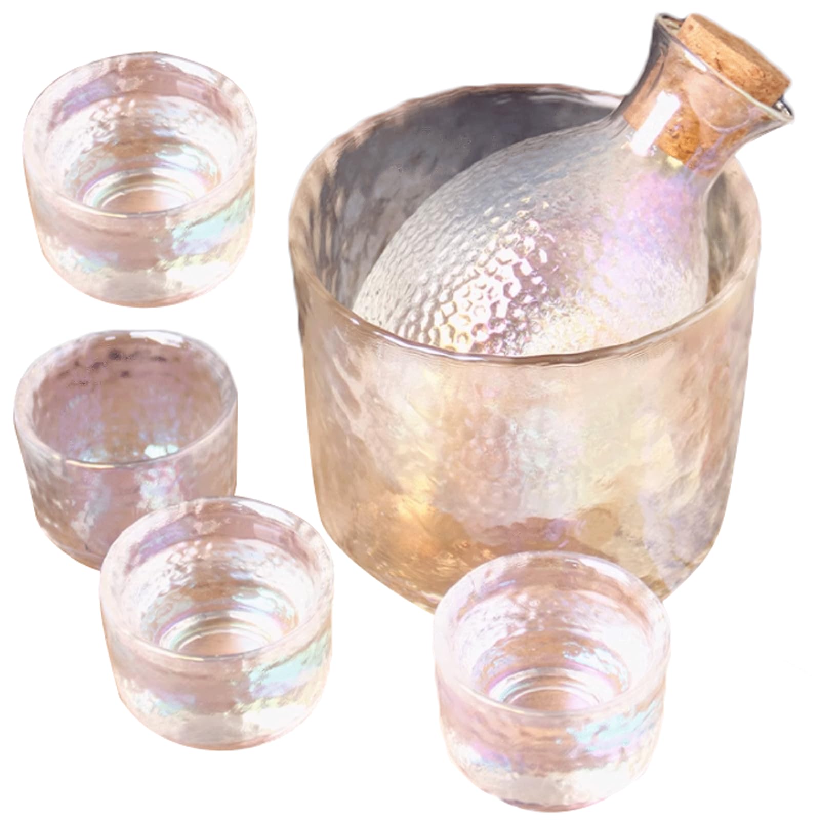 Juego de Sake de Vidrio, Taza de Sake Colorida, 1 Tetera, 1 Calentador de Sake, 4 Tazas de Sake, dispensador de Sake Estilo japonés, Juego de Sake, Juego para Beber Sake (Colorido)