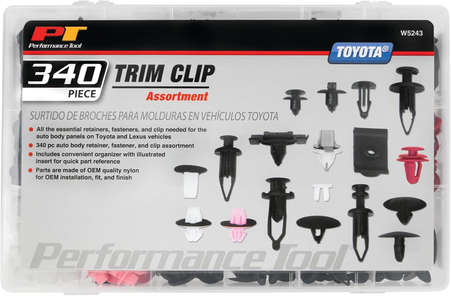 Performance Tool W5243 340pc Toyota & Lexus Trim Clips | Trim Clips for Doors, Bumpers, Paneling & More | Most Popular Sizes for Toyota & Lexus | Case & Picture Insert for Quick Part Identification