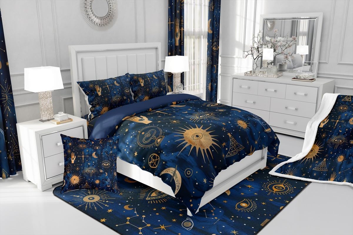 Feelyou Sun Moon and Star Print Comforter Set with Sheets Galaxy Sun Moon 7 Piece Bedding Set Full Size for Kids Boys Girls Bohemian Gothic Bed in a Bag Trippy Hippie Bed Set
