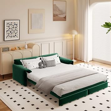 66" Queen Loveseat Pull Out Couch with Side Storage, 3-in-1 Convertible Sleeper Bed, Lounge Velvet Love Seat Sofa Bed for Livingroom, Apartment, Bedroom, Office, Space Saving, Green