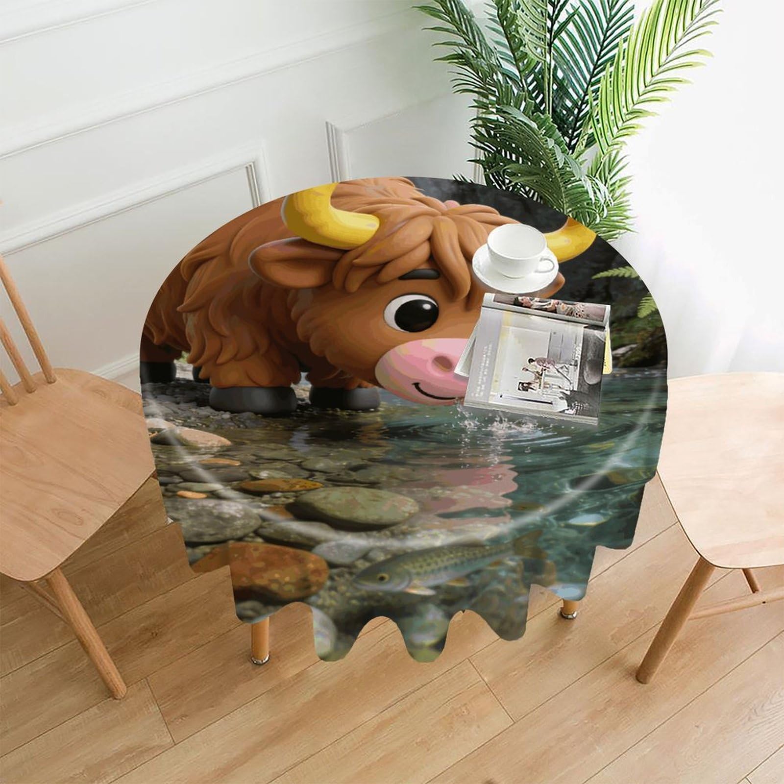 VstaDank Highland Cow Table Cloth Fashions Washable Round Tablecloth Decorative Table Cover Comfortable Straight Edge Tablecover for Dining Kitchen Party Outdoor 60 Inch