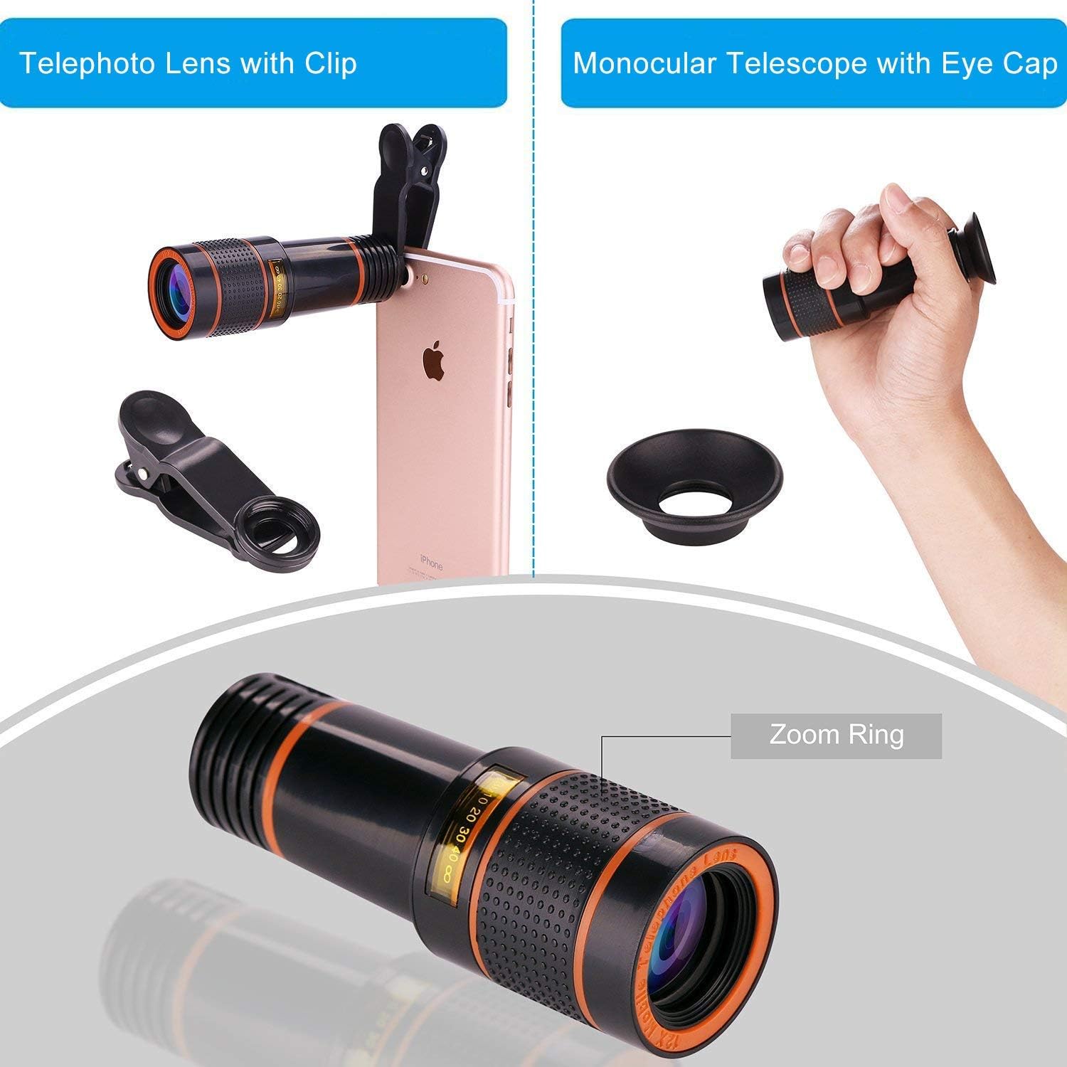 Cell Phone Camera Lens, SEVENKA 12X Telephoto Universal Clip On hd Lens Compatible with iPhone 12/11 Pro Max X XS Max XR/8/7/6/6s, Samsung, Android and Smartphone with Travel Case