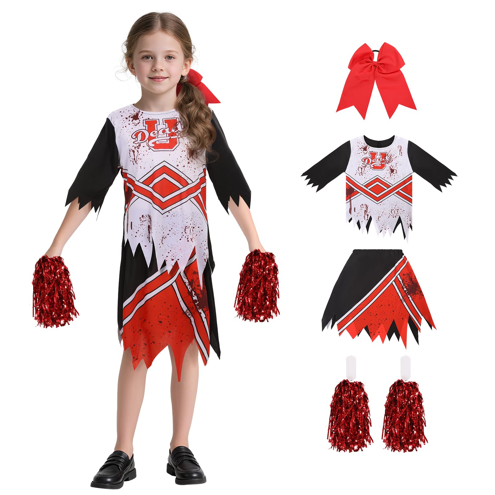 Joyincoser Dead Zombie Cheerleader Costume Kids with Pompoms and Red Bow Horror Scary Bloody Fancy Dress Gift for Halloween Party Carnival Horror Cosplay (Large)