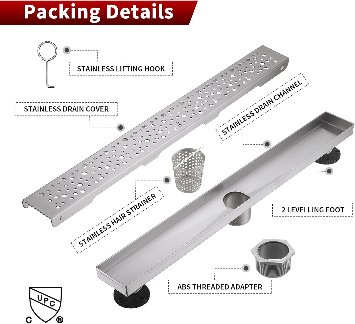 Sharp-tec 24 inch Linear Shower Drain, Brushed Rectangular Floor Drain, V-Shape Design Drain Channel, 304 Stainless Steel, cUPC Certificated for Bathroom Shower Room (Drain Base is Not Included)