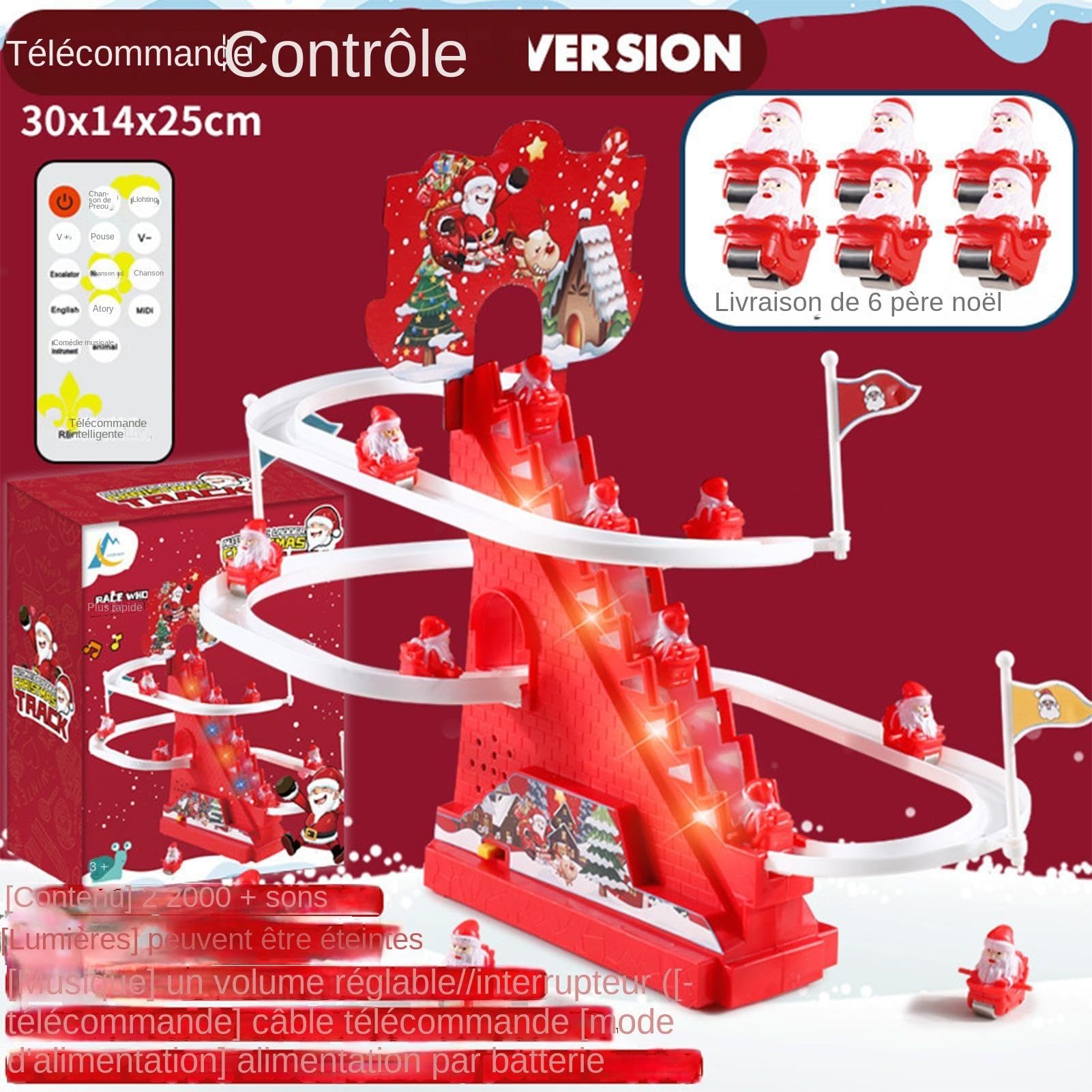 Jouet De Noël Père Noël Sur Montagnes Russes D'escalier - Circuit Toboggan Avec Lumières LED Et Musique - Cadeau Enfant ABS 42 Cm
