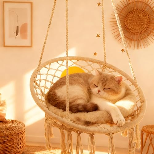 Miniatura 39 de Goutime Silla tipo hamaca, sillas colgantes de macramé con cojín y kit de herramientas, columpios bohemios para adultos para exteriores, patio, Gris