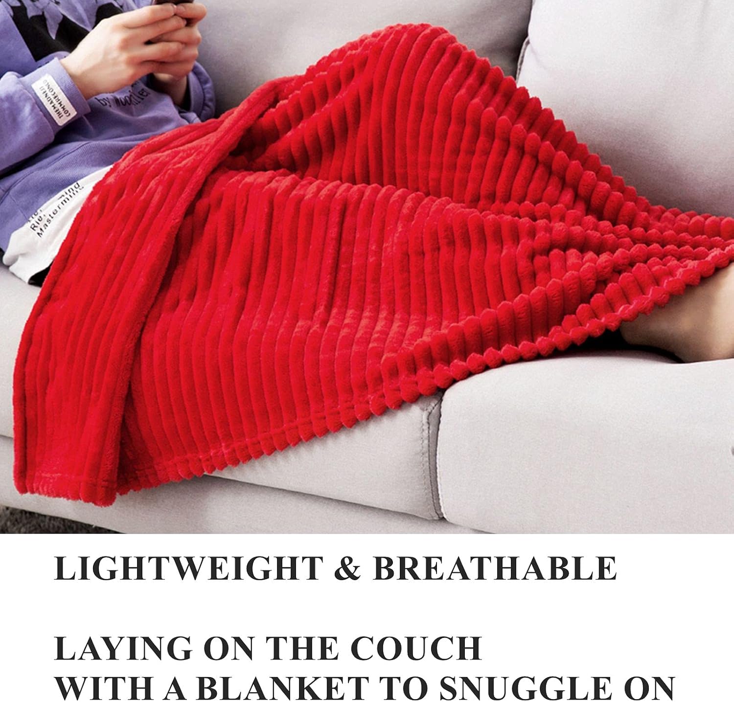 MIULEE Red Fleece Throw Blanket for Couch 300GSM Super Soft Lightweight Plush Striped Blanket, Christmas Warm Cozy Breathable Ribbed Flannel Throws for Bed/Sofa, 50"x60" - Image 4