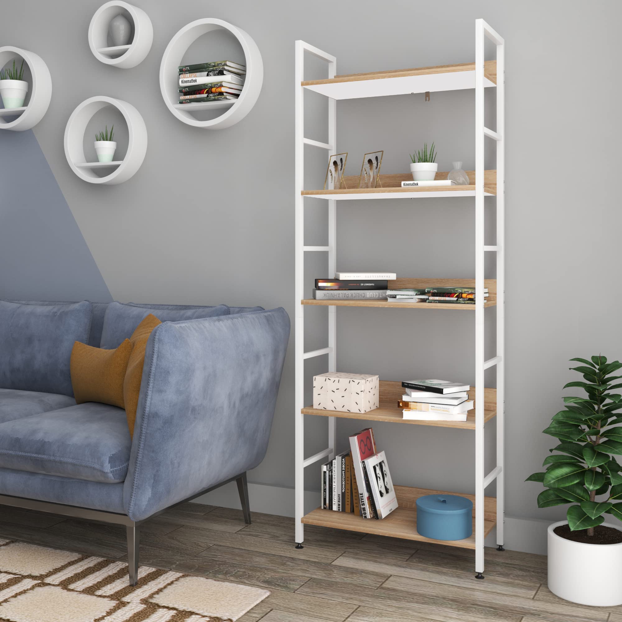 eSituro Estante para Piso de Metal de Cocina | Almacenamiento Organizador Multifuncional para Libros Plantas con 5 Estantes Metal + MDF 60x27,5x160CM SSTR0023