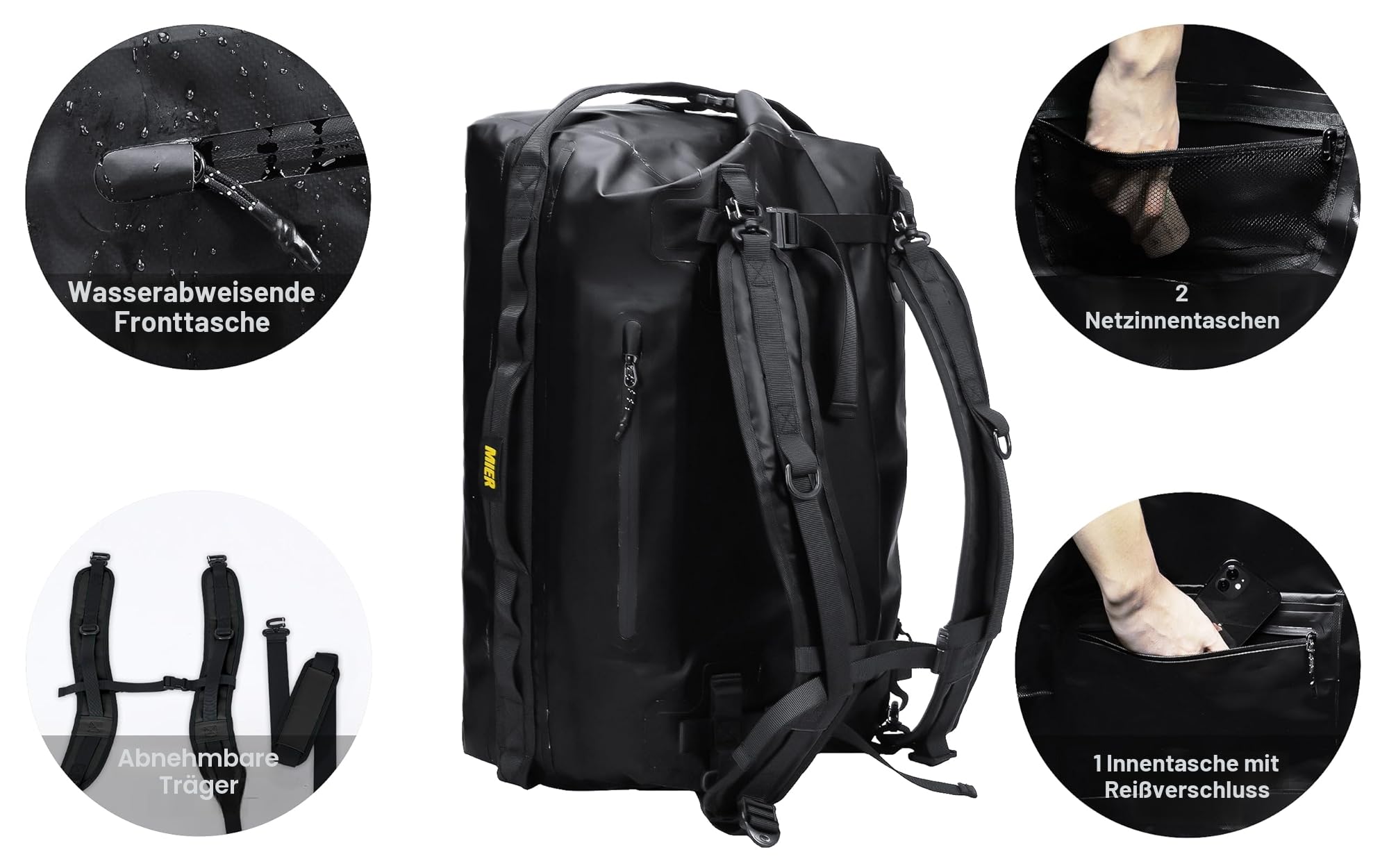 MIER wasserdichte Reisetasche 60L, Dry Bag Rolltop, Duffle Bag, Schwarz | Frontfach für schnellen Zugriff, reflektierende Streifen, Befestigungsriemen für Motorrad, Kajak und Gepäckträger