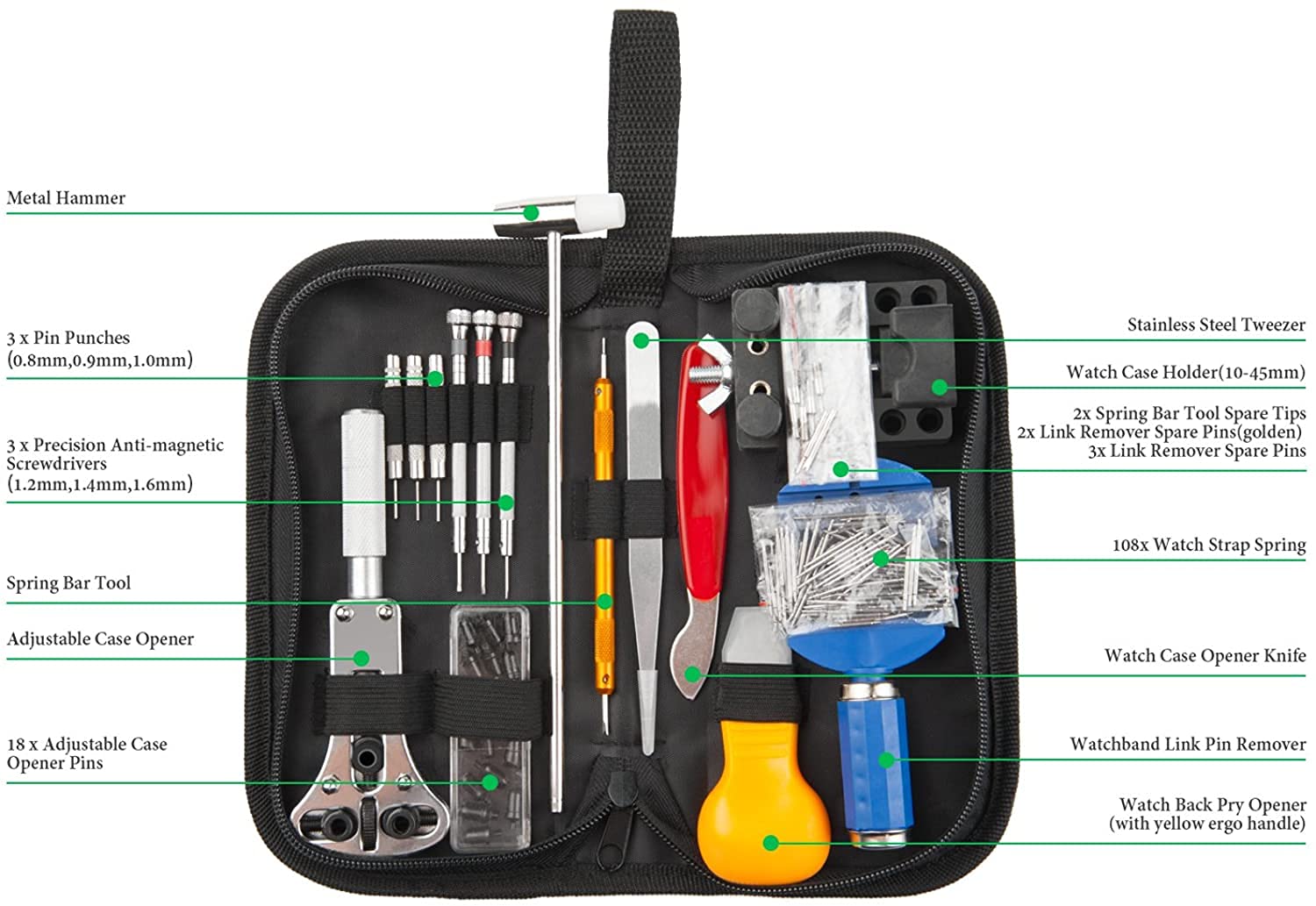 Kit de herramientas de reparación de relojes, 147 piezas de barra de resorte profesional y pasador de enlace con funda de transporte para mantenimiento de relojes y ajuste de correa