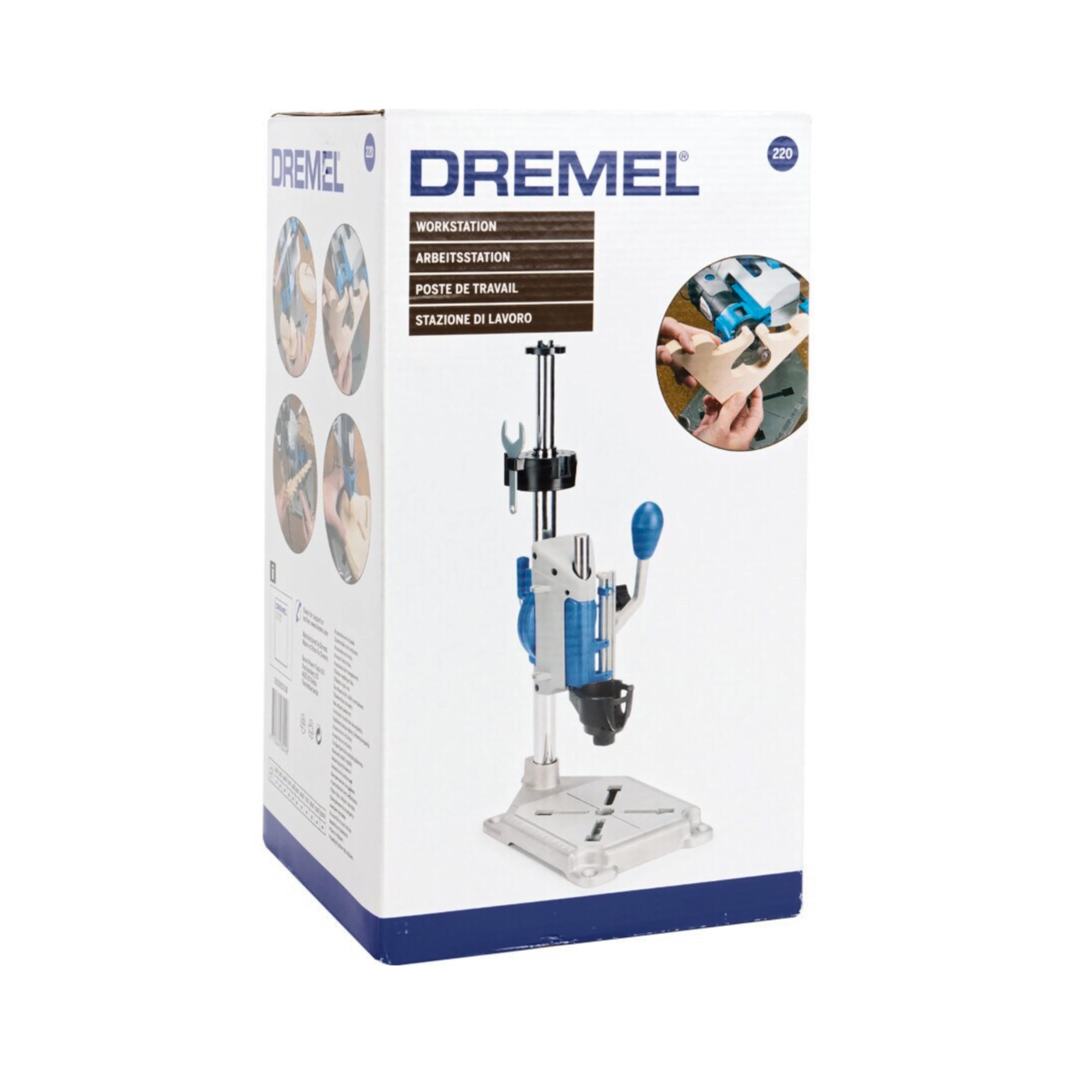 Dremel 220 Bohr-und Werkzeugständer für Multifunktionswerkzeug Stationäre Arbeite Vertikal oder im Winkel Bohren, Einstellbar in 15-Grad-Schritten, Integrierter Teleskop-Werkzeugständer