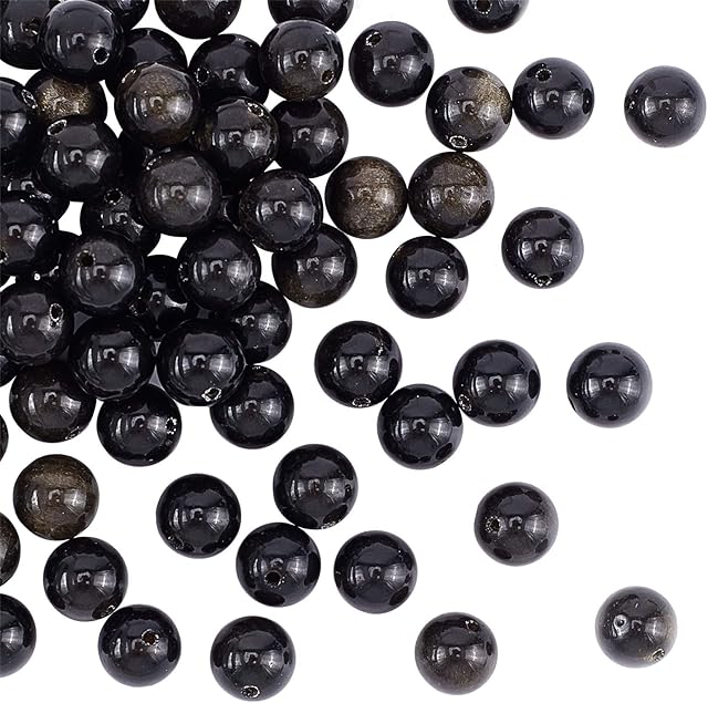 OLYCRAFT 98pcs 8mm Natural Obsidian Stone Beads Golden Xaga Bead Strands Round Loose Gemstone Beads Energy Stone for Bracelet Necklace Jewelry Making