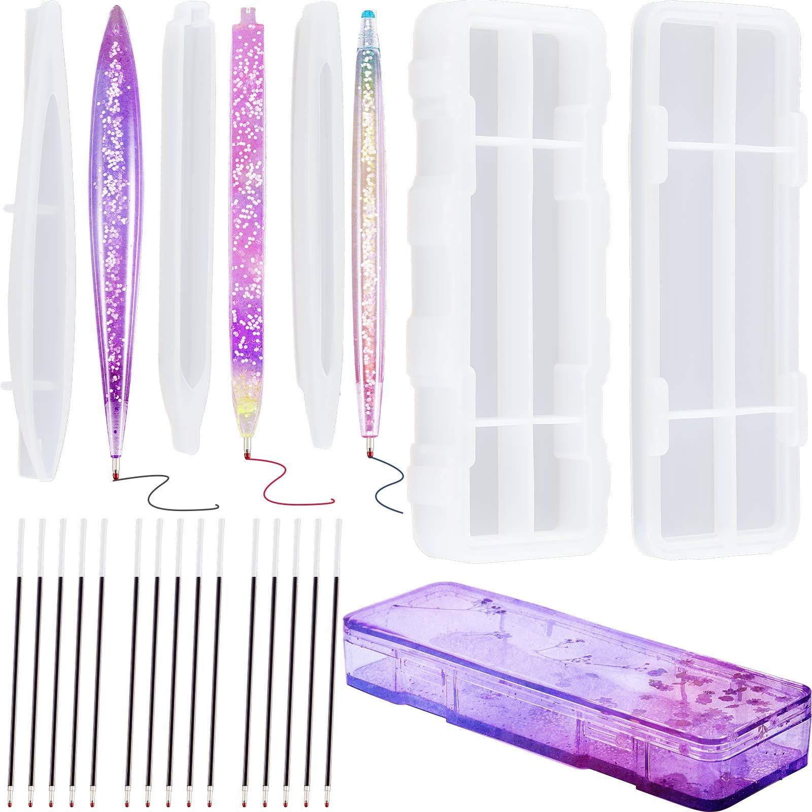 19 Pcs Resin Mold Sets 1 Pcs Case Resin Mould 3 Pcs Pen Shape Silicone Casting Moulds and 15 Ballpoint Refill Pens Silicone Molds for Storage DIY Resin Crafts Making