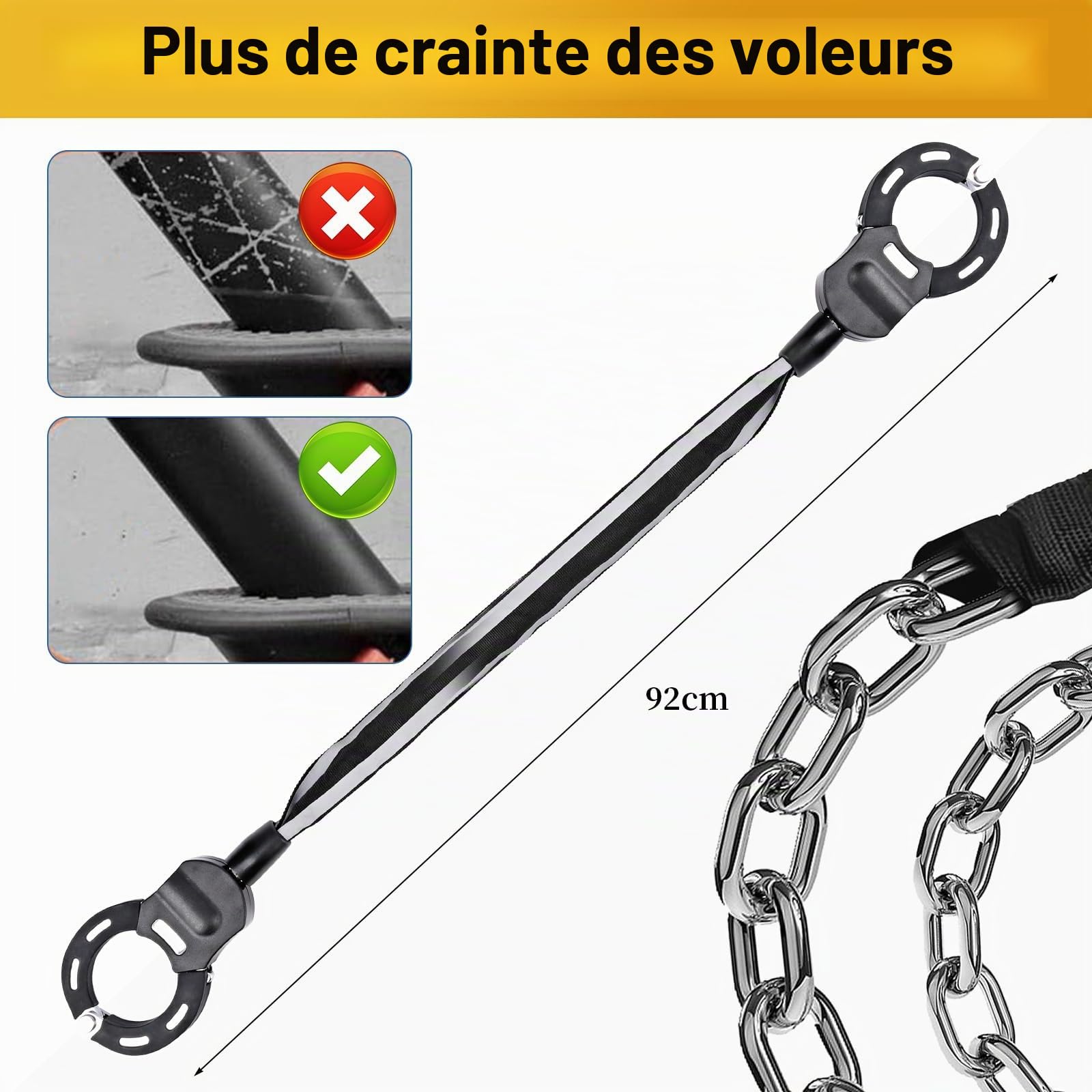 GuKKK Antivol Trotinette Electrique, 92CM Long Cadenas Trotinette Electrique, Cadenas Velo 8mm Ultra Résistant, 1.5KG Portabilité Chaine Velo Antivol, Antivol Menotte pour Scooter, Vélos Électrique