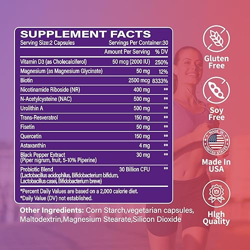 Miniatura 2 de Triad NAD Supplements for Women  Riboside de nicotinamida y trans-resveratrol, suplemento alternativo NMNHNMNN, antienvejecimiento celular  Salud