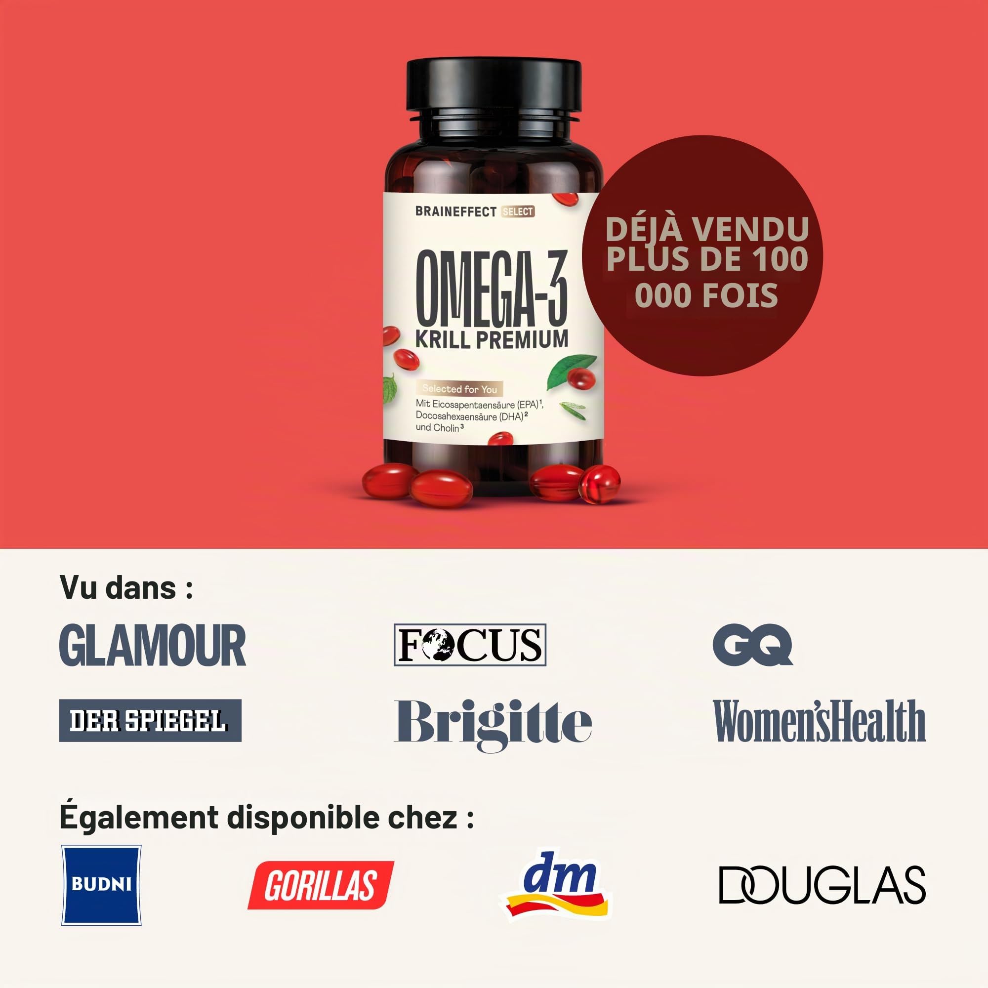 BRAINEFFECT Capsules Premium Oméga 3 à l’huile de krill | 100% huile de krill (non diluée) | Astaxanthine EPA DHA Choline | Sans odeur ni goût de poisson | 60 gélules | Fabriqué en Allemagne