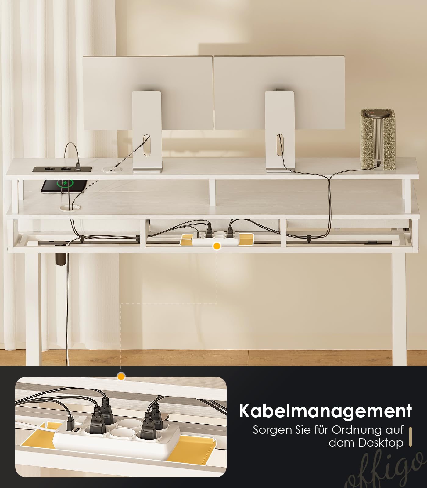 OffiGo Höhenverstellbarer Schreibtisch mit Monitorständer, 120cm Elektrischer Schreibtisch mit Schubladen, Standing Desk mit Steckdosen und Lichtleiste, Tisch Höhenverstellbar Bürotisch, Weiß