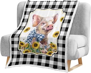Cobertor infantil, fazenda adorável porco girassol arte aquarela preto branco xadrez manta de lã de ovelha xadrez infantil cobertor de pelúcia macio leve para menina menino, 127 x 152 centímetros