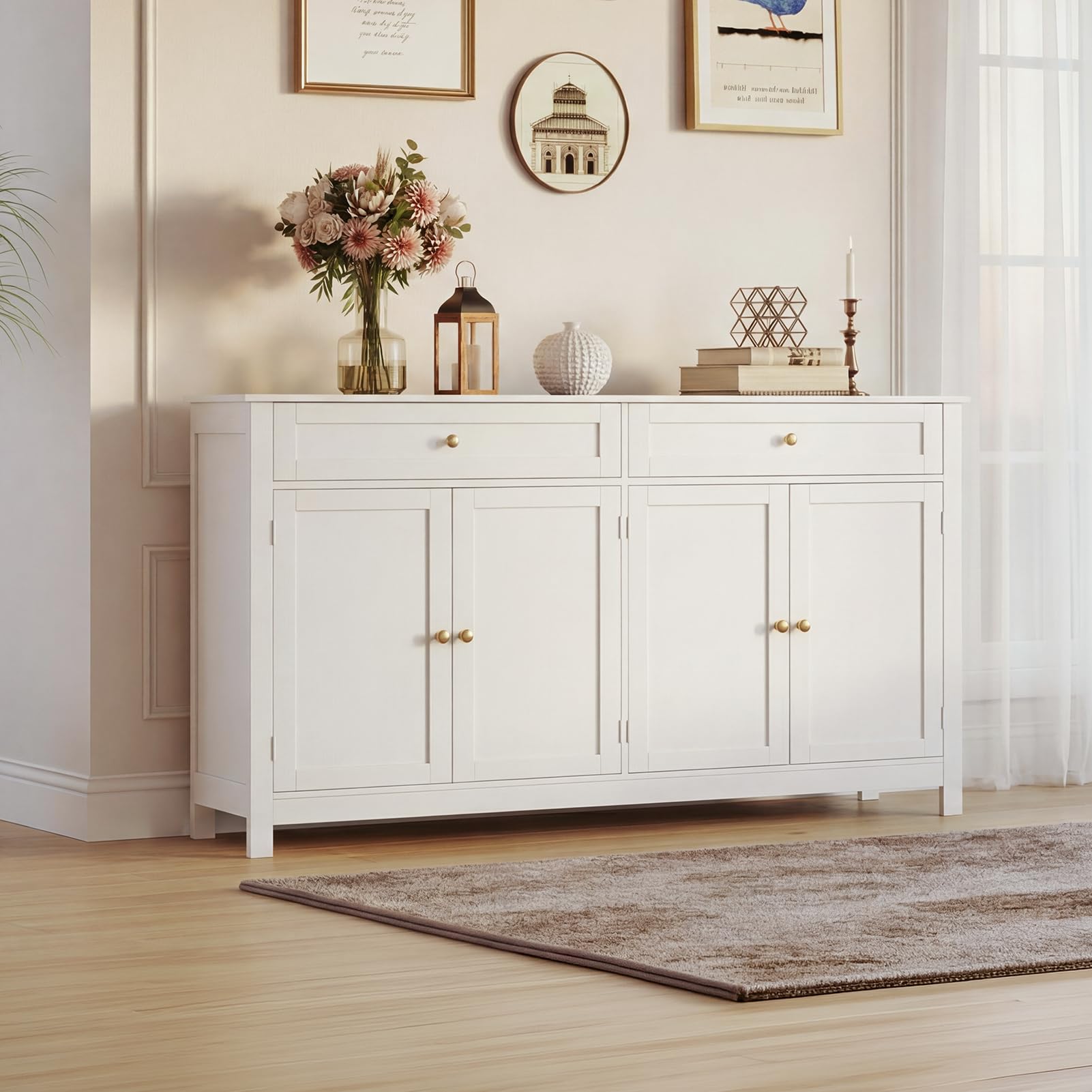 Warmiehomy Sideboard Cabinet with 4 Doors 2 Drawers 140 * 40 * 89cm,White