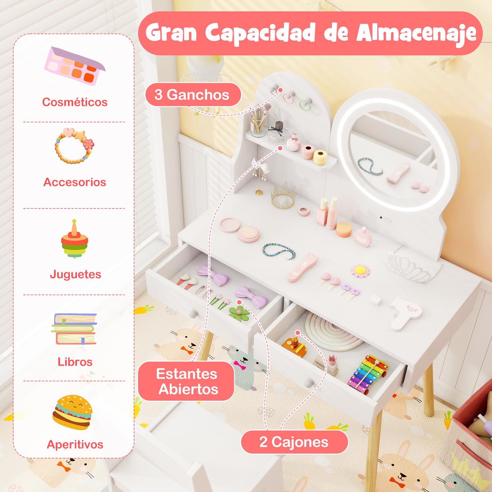 COSTWAY Tocador Niña, Tocador de Maquillaje Niña con Espejo Iluminado, Juego de Mesa y Silla de Princesa con Espejo y Luces, Estante Abierto, Ganchos y Cajones (Blanco)