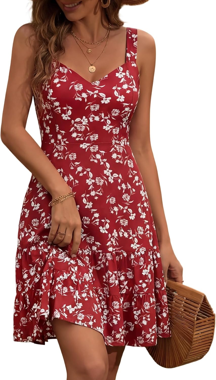 HUHOT Summer Dresses for Women 2026 Spring Sundress Sweetheart Neckline Cute Floral Casual Midi Sleeveless Dress