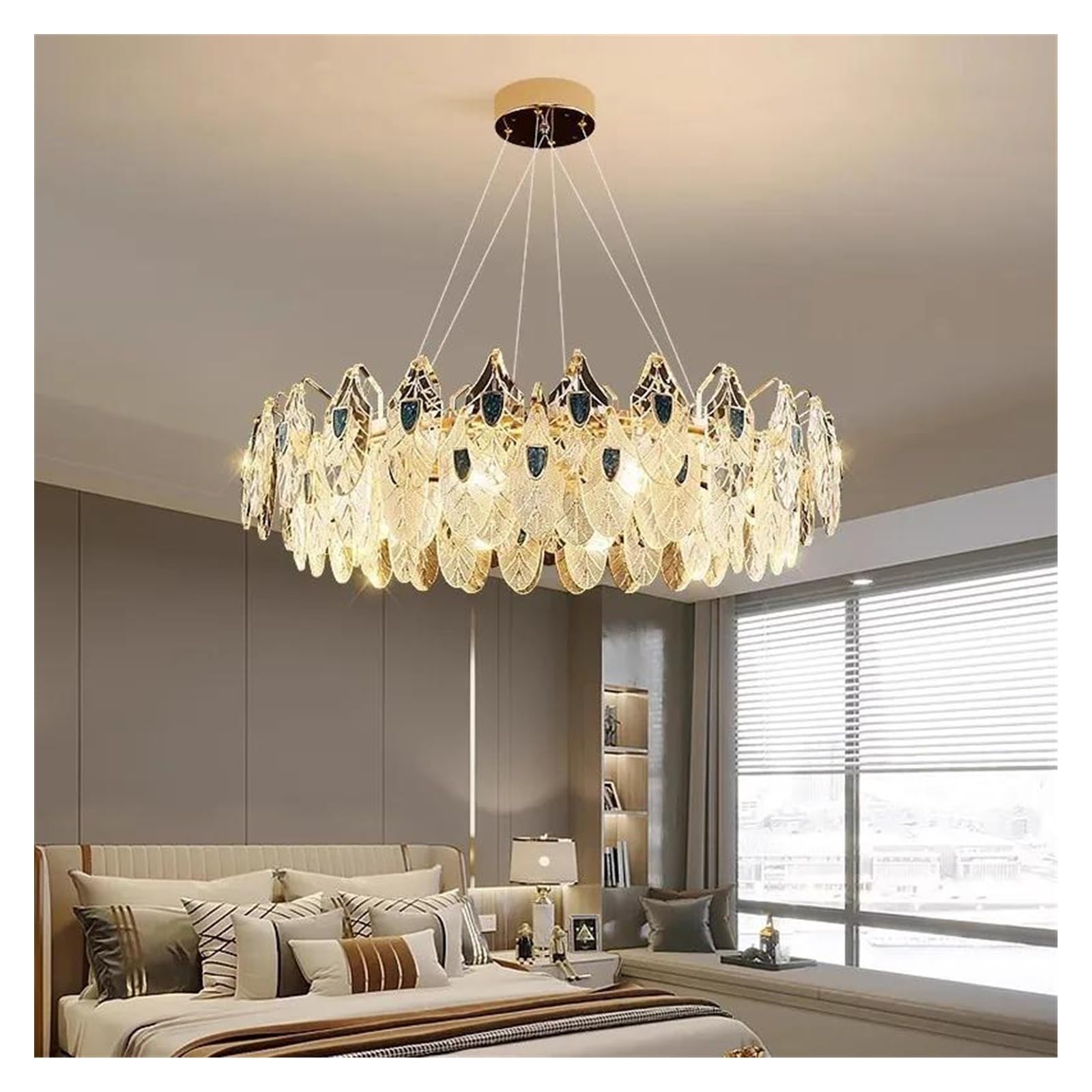 Générique Lustre rond en cristal doré forme de feuille laurier, luminaire décoratif brillant for chambre à coucher, salon, salle manger ou villa(Warm White,AD80CM)