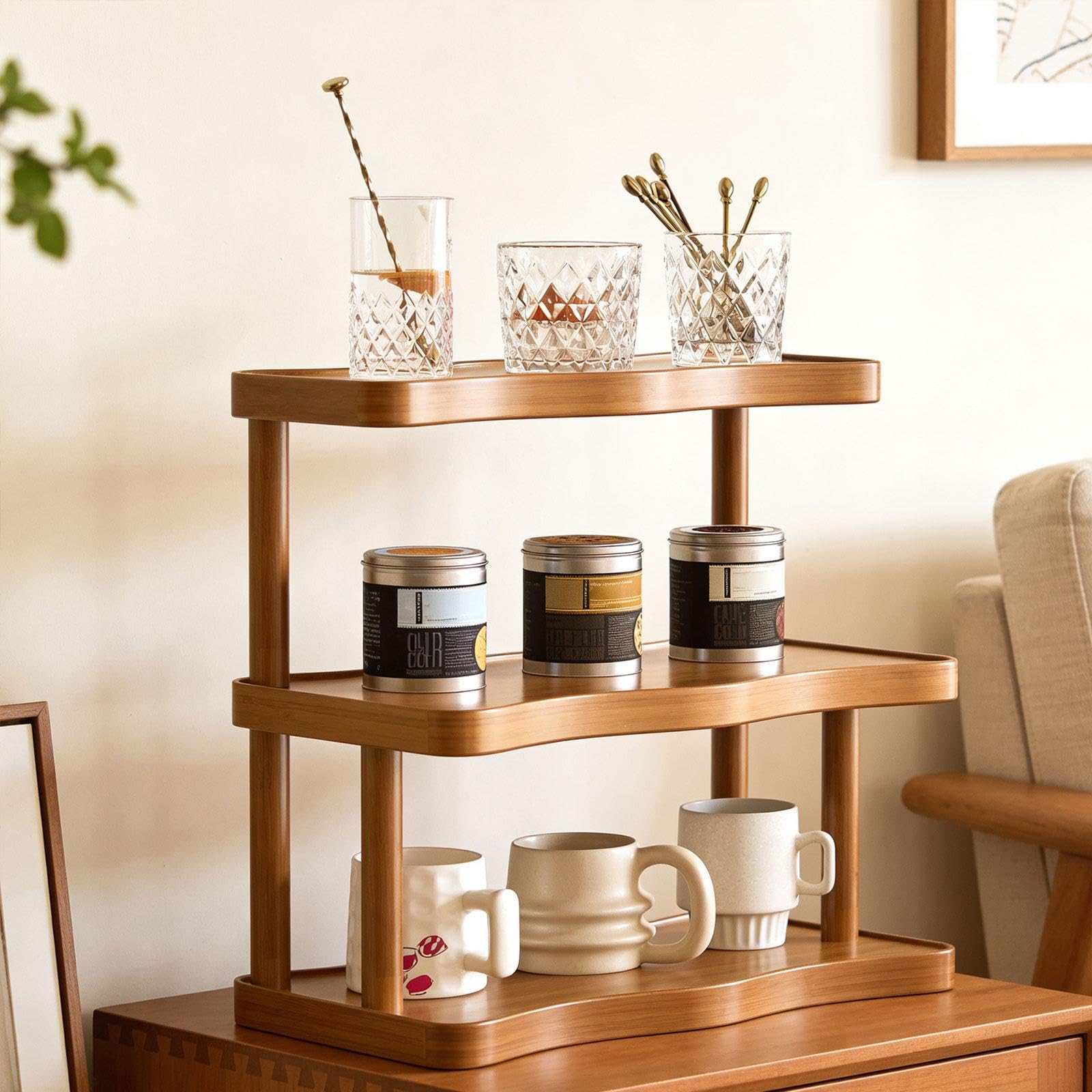 Soporte de Exhibición de 3 Niveles, Estante Elevador de Madera para Colecciones de Perfumes, Organizador Seguro con Borde Elevado, Adecuado para Encim, 50cm