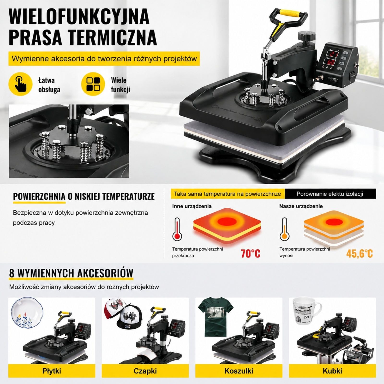 Prasa termiczna 8 w 1, czarna cyfrowa maszyna swing do transferu na koszulki, czapki, kubki i talerze