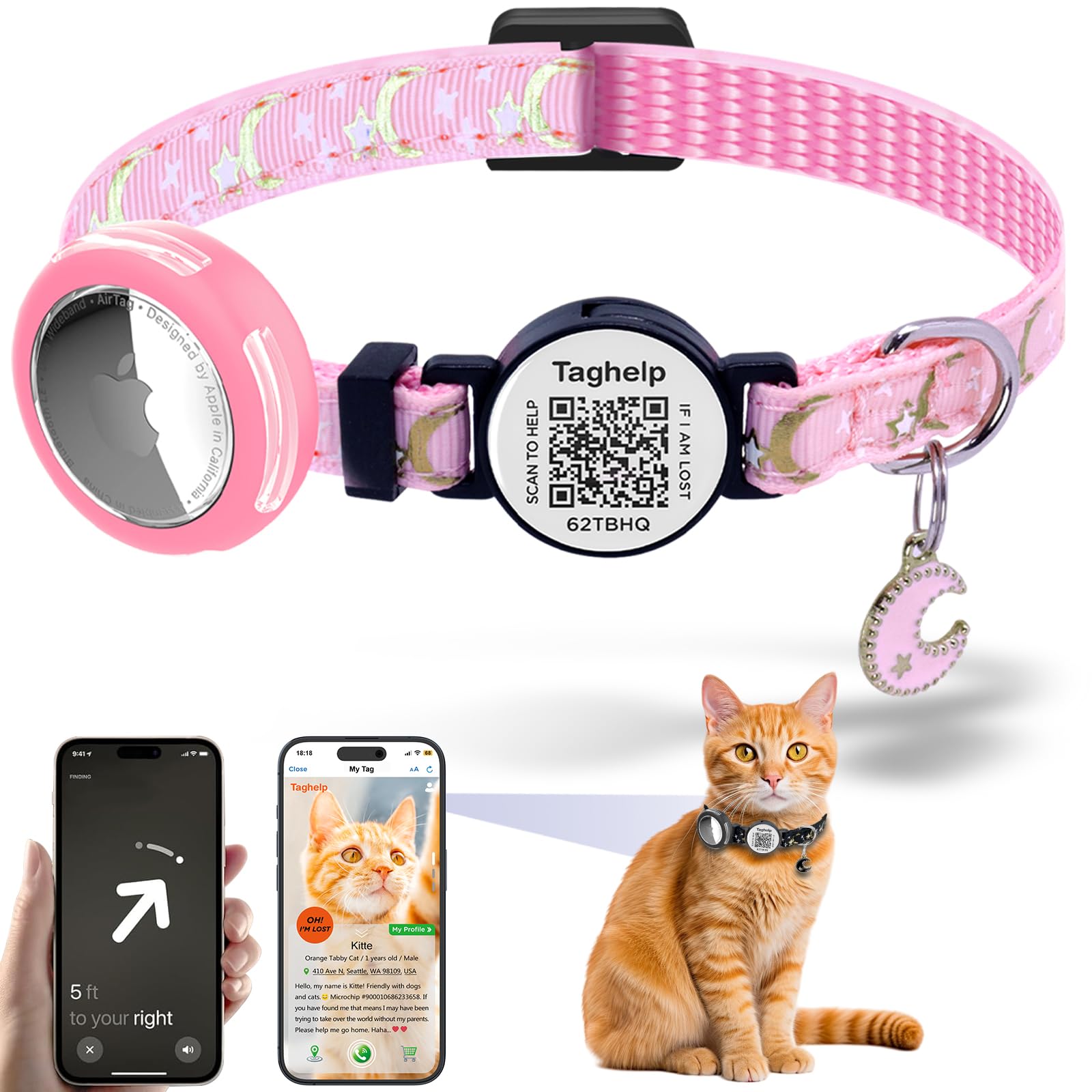 Waterproof Airtag Cat Collar, Breakaway with Stars and Moon with AirTag Holder for Apple. Solid & Safe, Pet Collar, Smart ID tag Cat Collar, Scan QR