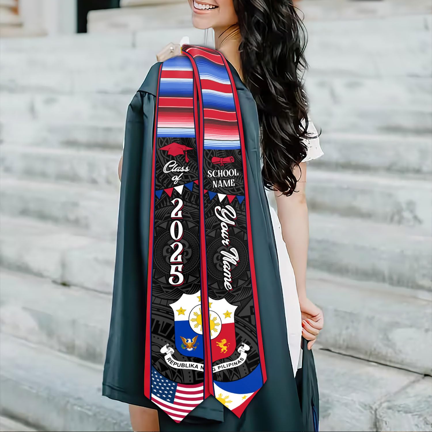 MonkeyVan Custom Philippines Flag Graduation Sash 2025, Filipino Graduation Sash Filipinos American Flag Graduation Stole 2025 Plp 3