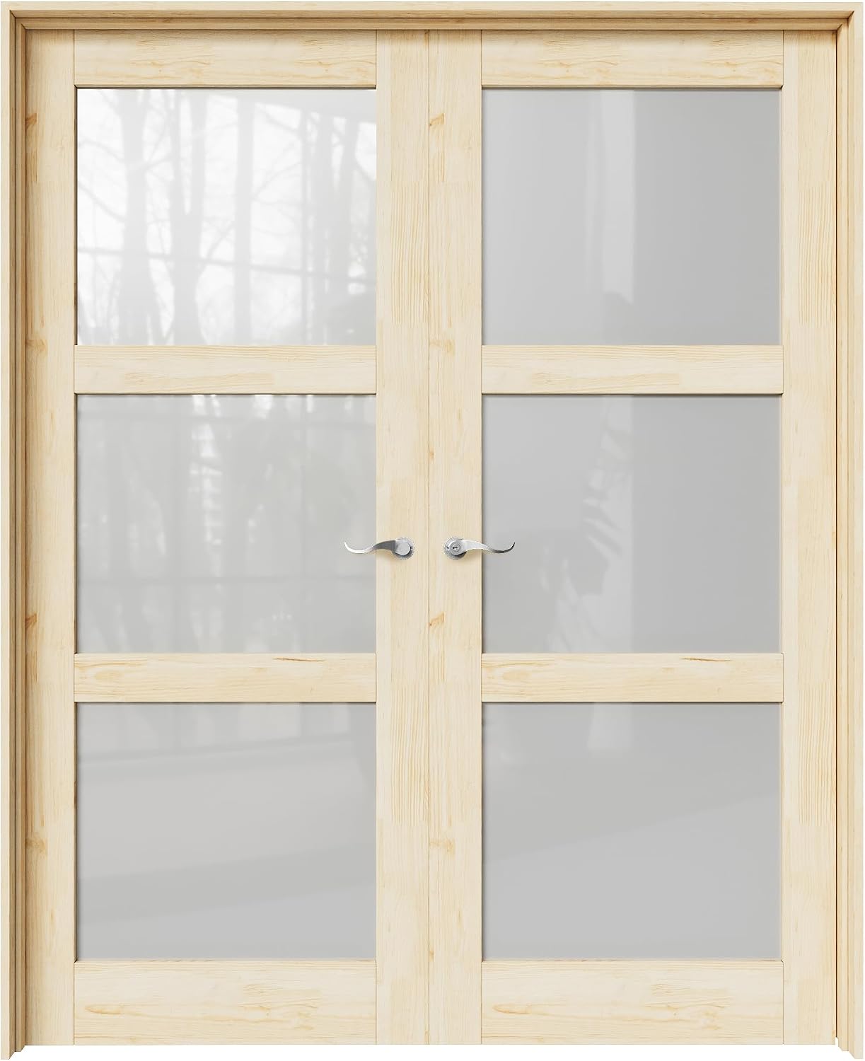60" x 80" French Doors Interior (Double 30" x 80" 3-Lite Frosted Glass Pine Wood Door with Silver Hinge Prehung Jamb Kit), Unifinished Natural Wood, Prebuilt Home Door Panels & Assembly Required Jamb