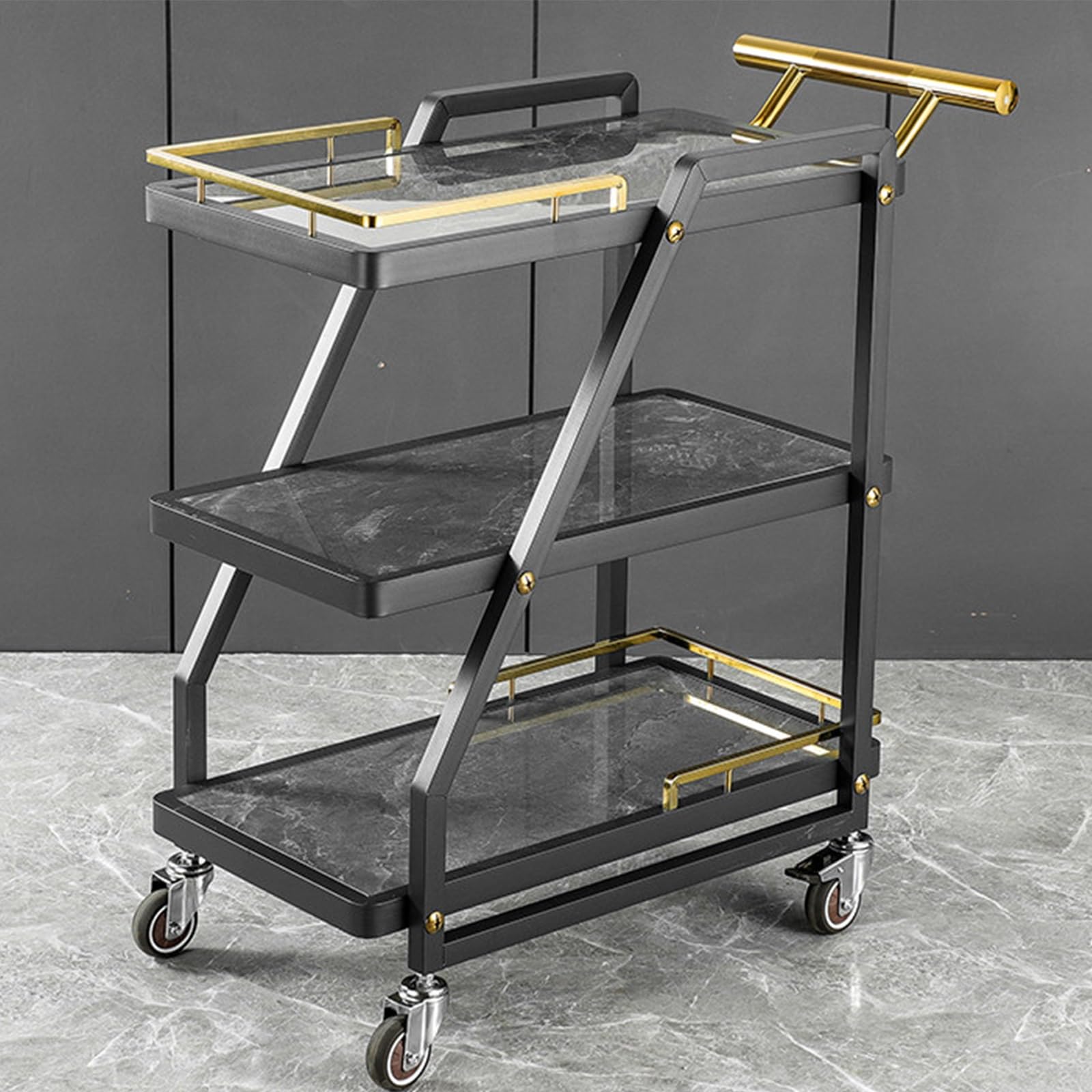 3 Tier Stainless Steel Rolling Serving Cart, Rock Panel Utility Trolley for Restaurant KTV Hotel Food Snack Drinks Transport(I)