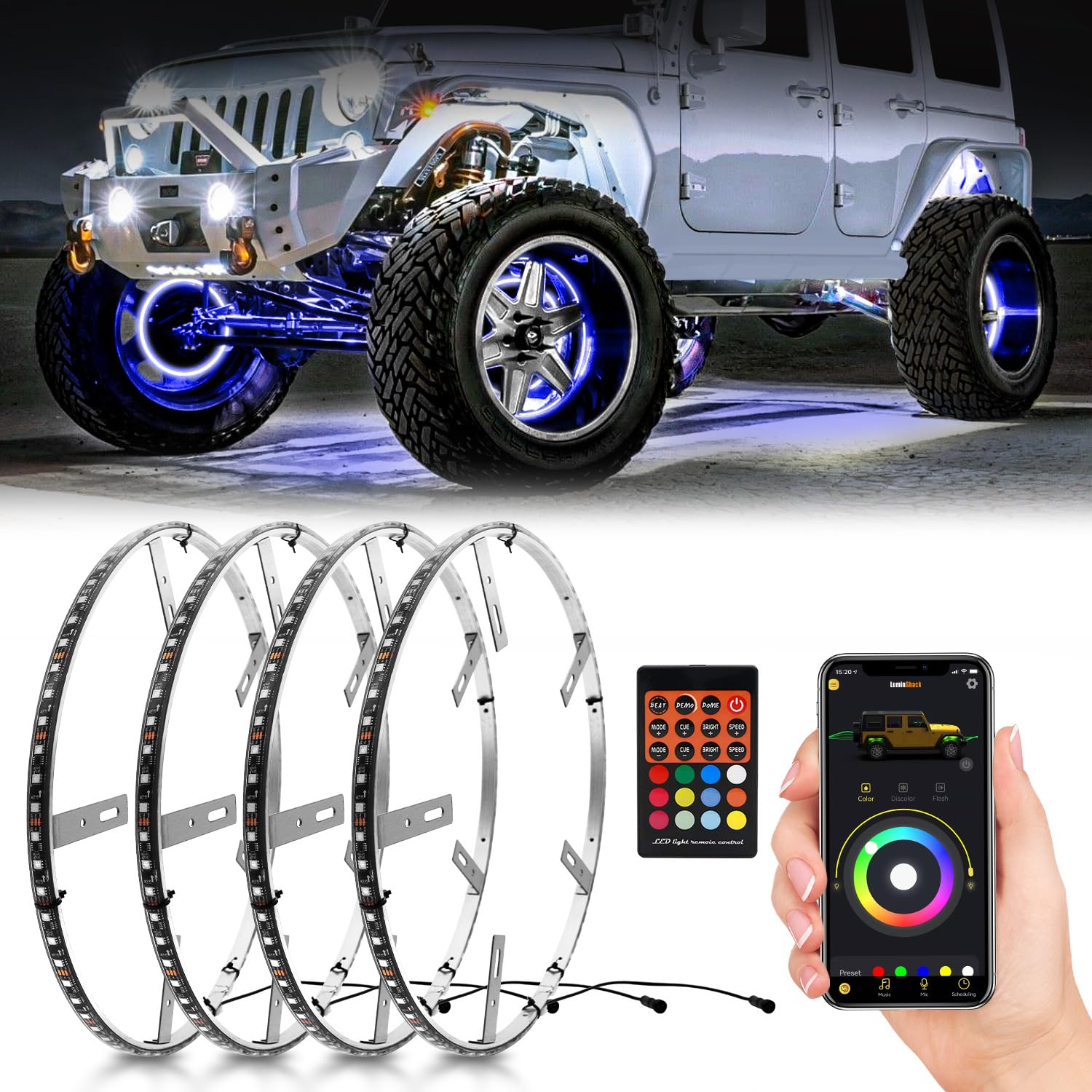 4 Stück 15,5 Zoll LEDs RGB-LED-Radringlichter, Dream Chasing Colors Felgenlichter Reifenbeleuchtungsset LED-Unterleuchtungslichter APP-Steuerung für Autos SUV ATV Pickup RV Camper Trucks Radlichter