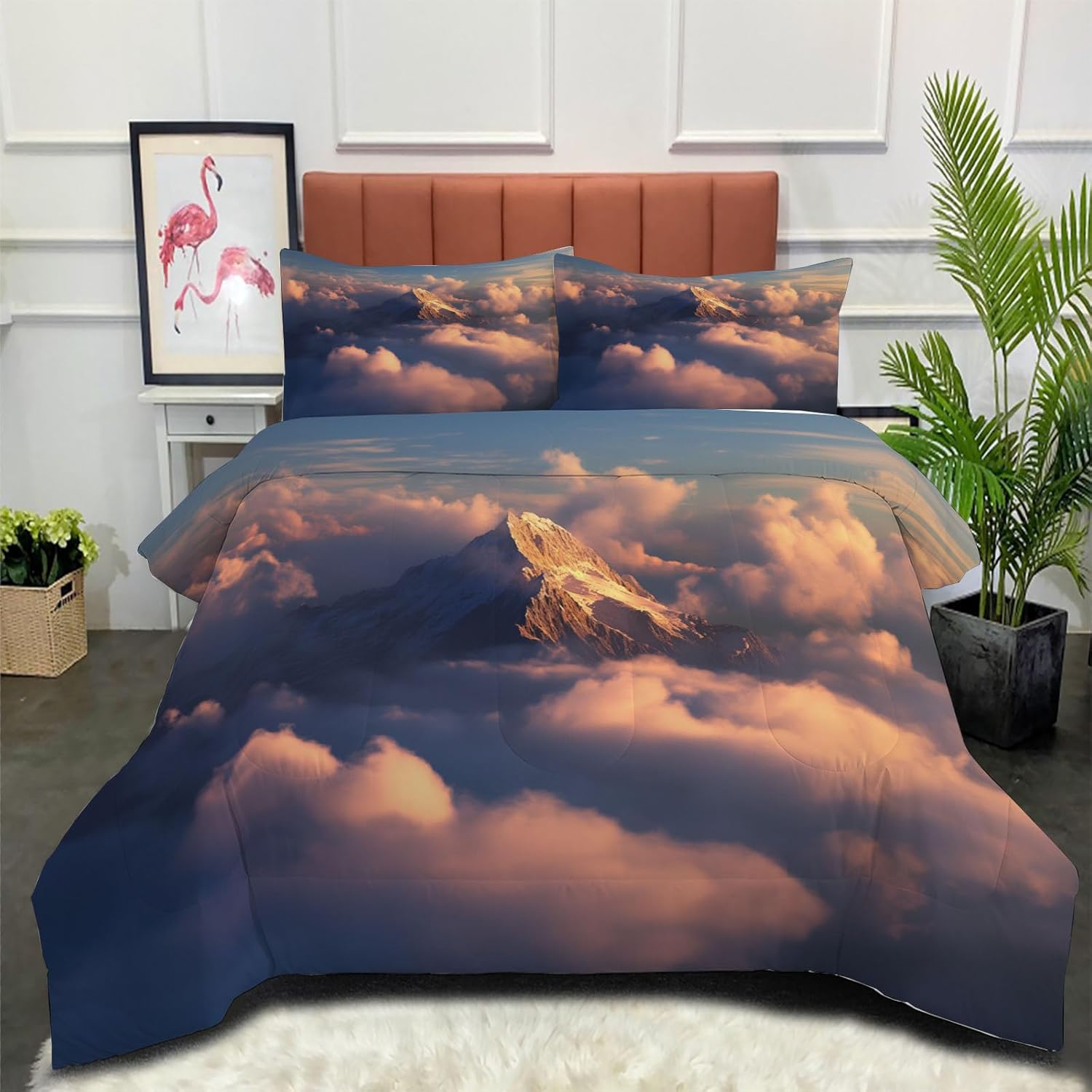 3D Majestic Mountains Comforter Set Full Size Bedding Set National Geographic Style All Season Down Comforter Printed Quilted with 2 Pillow Shams for Kids, Teens, Adults 80 x 90in Blue