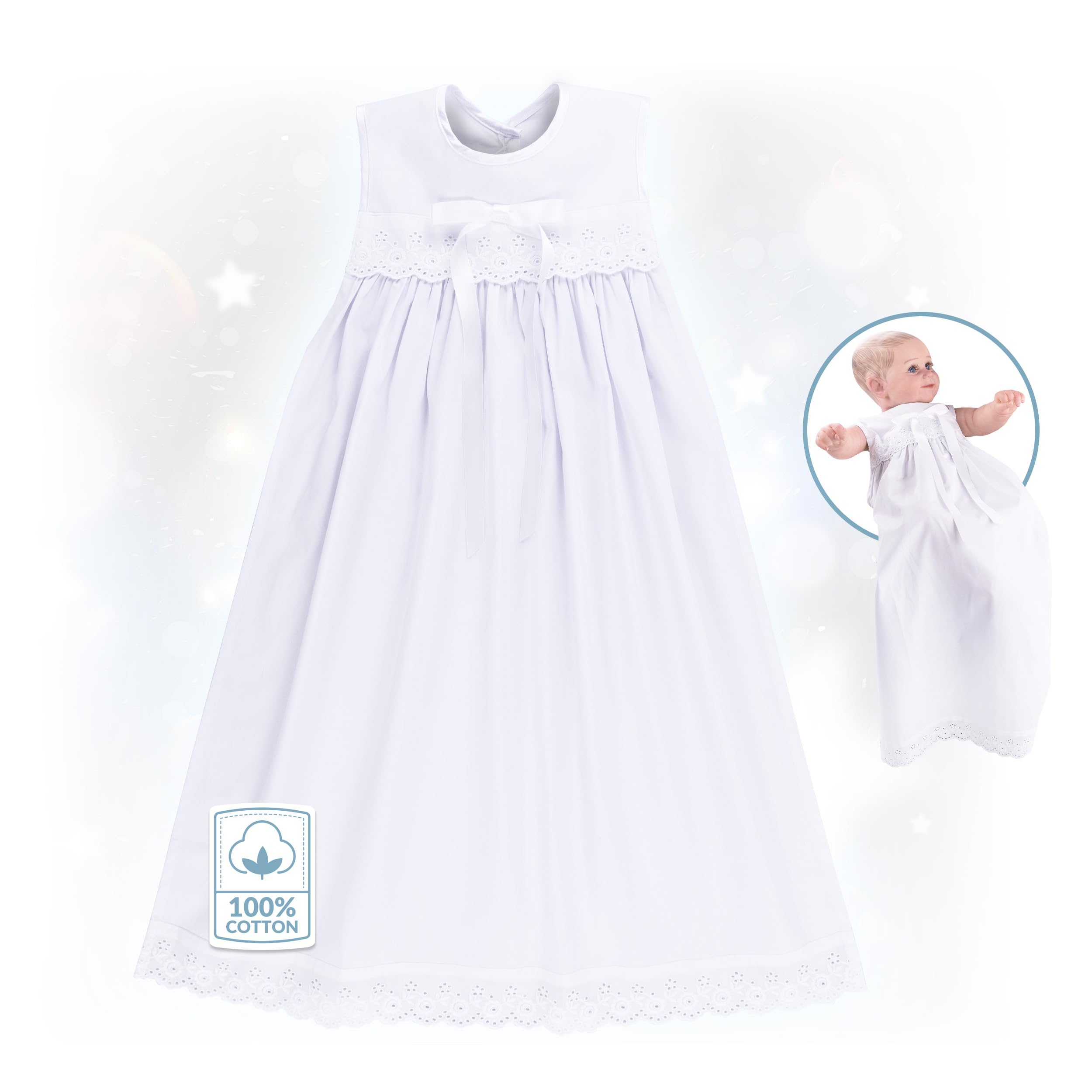 Baby Taufaufleger aus weißer Baumwolle mit Spitze + Schleife in weiß, Unisex, festliche Taufbekleidung für Mädchen und Jungen geeignet