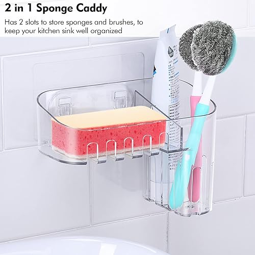 Miniatura 3 de Lunmore Organizador para fregadero de cocina, esponja de plástico y soporte para cepillos, organizador adhesivo para fregadero para baño, cocina