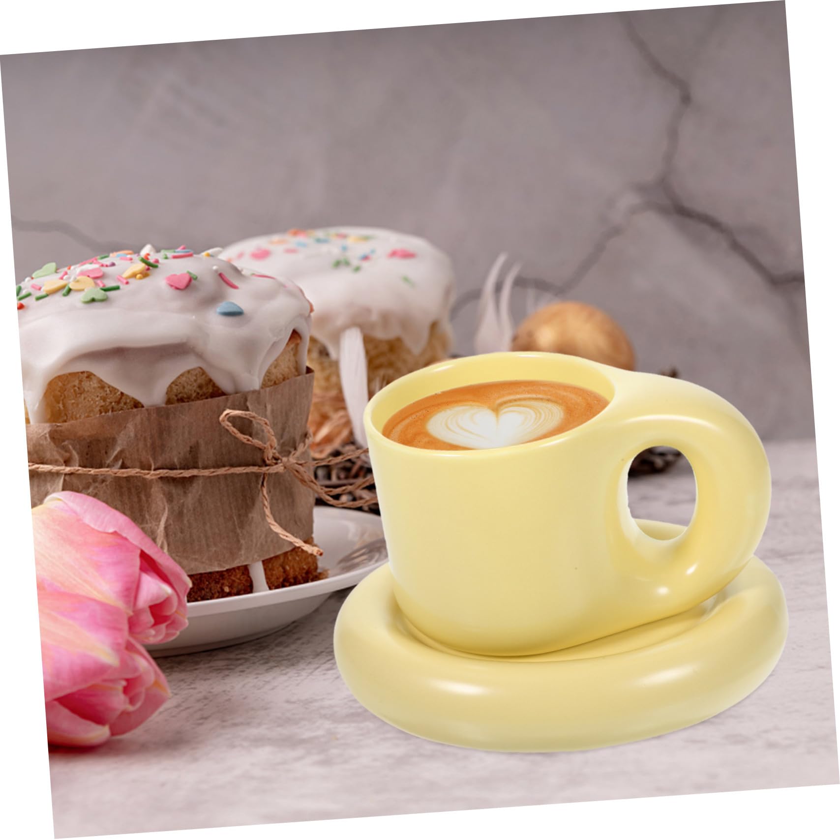 Kaffeebecher Multifunktions Gelb 300ml mit Untertasse aus Keramik Stilvolles Design Glatt und Grate für Zuhause und Büro