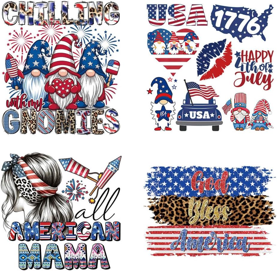 4 Sheets 4th of July Iron on Patches Patriotic Heat Transfer Vinyl Stickers USA Anniversary Iron On Transfer Decals for Independence Day Party Clothing T-Shirts Bags Pillowcases Decorations DIY Craft