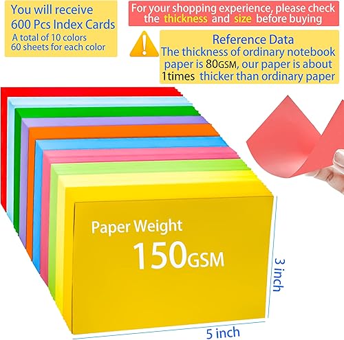 Miniatura 2 de MotBach 600 tarjetas de índice de colores en blanco de 3 x 5 pulgadas, tarjetas flash en blanco, tarjetas de notas en blanco, bloc de tarjetas