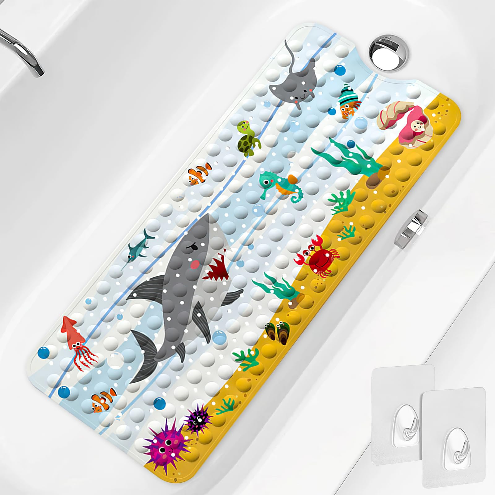 PRATIQUE Kids Bath Mat for Tub Non Slip，40 X 16 Inch Extra Long Kids Bathtub Mat Ocean Bathtub Shower Mat Safety Anti Slip with Suction Cups and Drain Holes, Machine Washable(Shark)