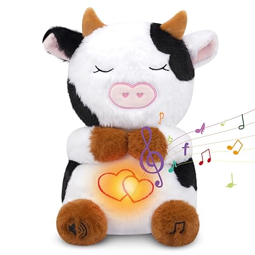 KOPHINYE Breathing Cow Stuffed Animal, 11inch Cow Plush Soothing Stuffed Animal with Calming Music, Lights, Soft Breathing Sleeping Plush for Kids, Adult (3-Levels Mode & Volume)