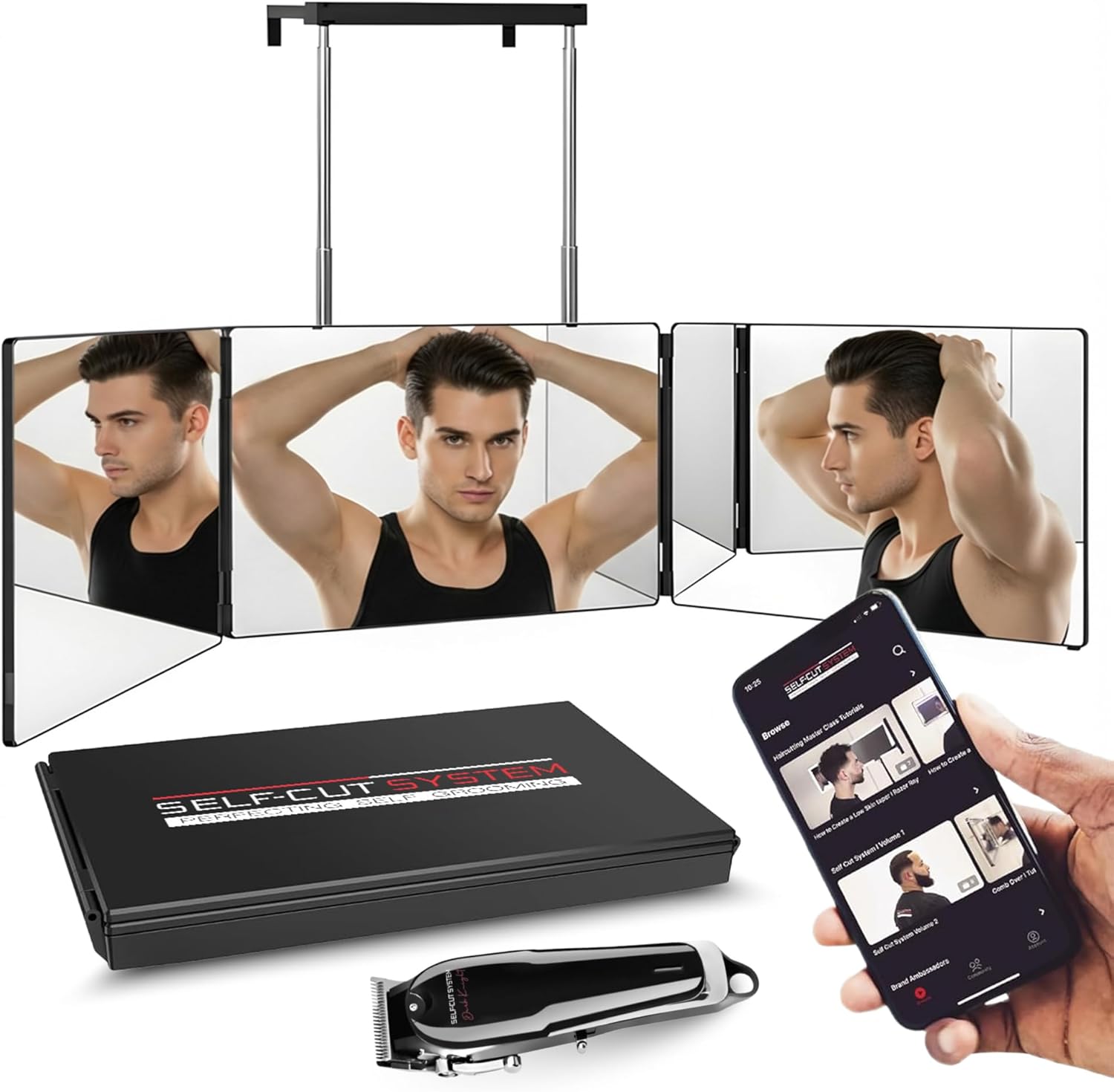 Self-Cut System Cordless Hair Clipper & 3 Way Mirror – Adjustable Tri-Fold Barber Mirror with Hair Trimmer – Perfect for Self Haircuts, Travel, and Grooming Anywhere