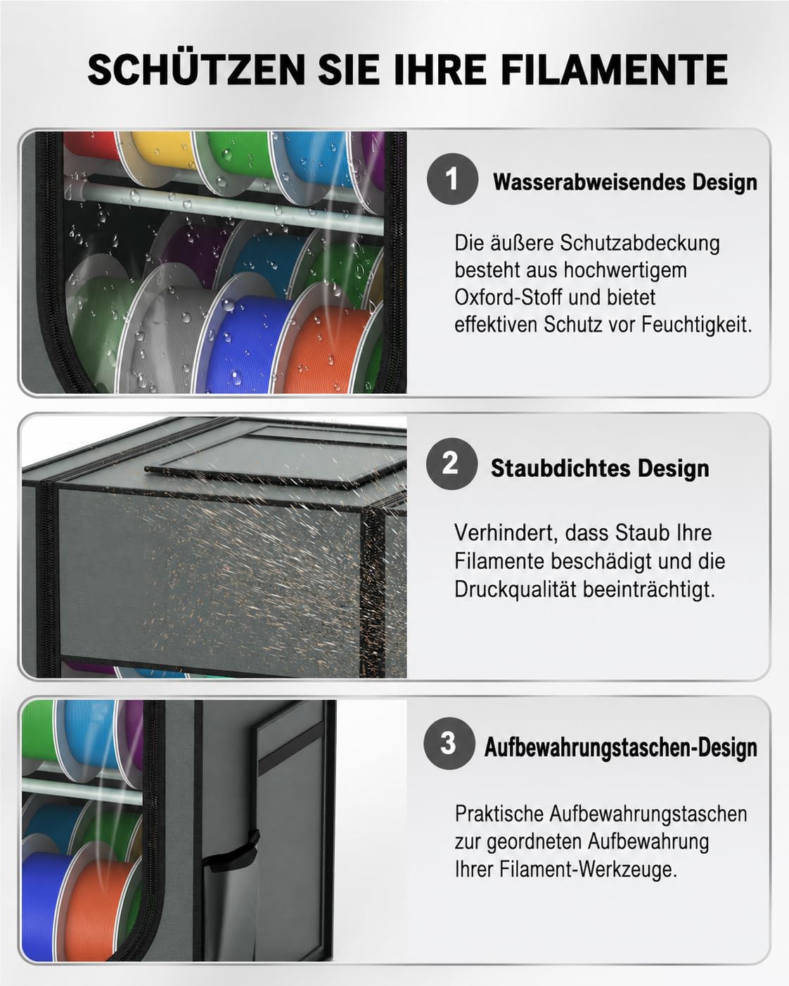 Pudełko do przechowywania filamentu 3D, 3-poziomowy, metalowy regał z przezroczystą pokrywą i środkiem osuszającym – na 30 rolek (PLA, ABS, PETG, TPU)