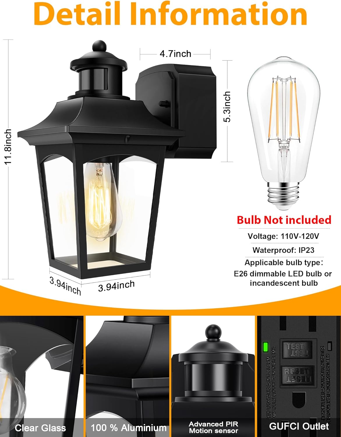 2 Packs Outdoor Lights with GFCI Outlet, Motion Sensor Porch Lights, Dusk to Dawn Exterior Light Fixture, 3 Lighting Modes Waterproof Aluminum Black Outside Wall Sconce for House, Front Door, Garage