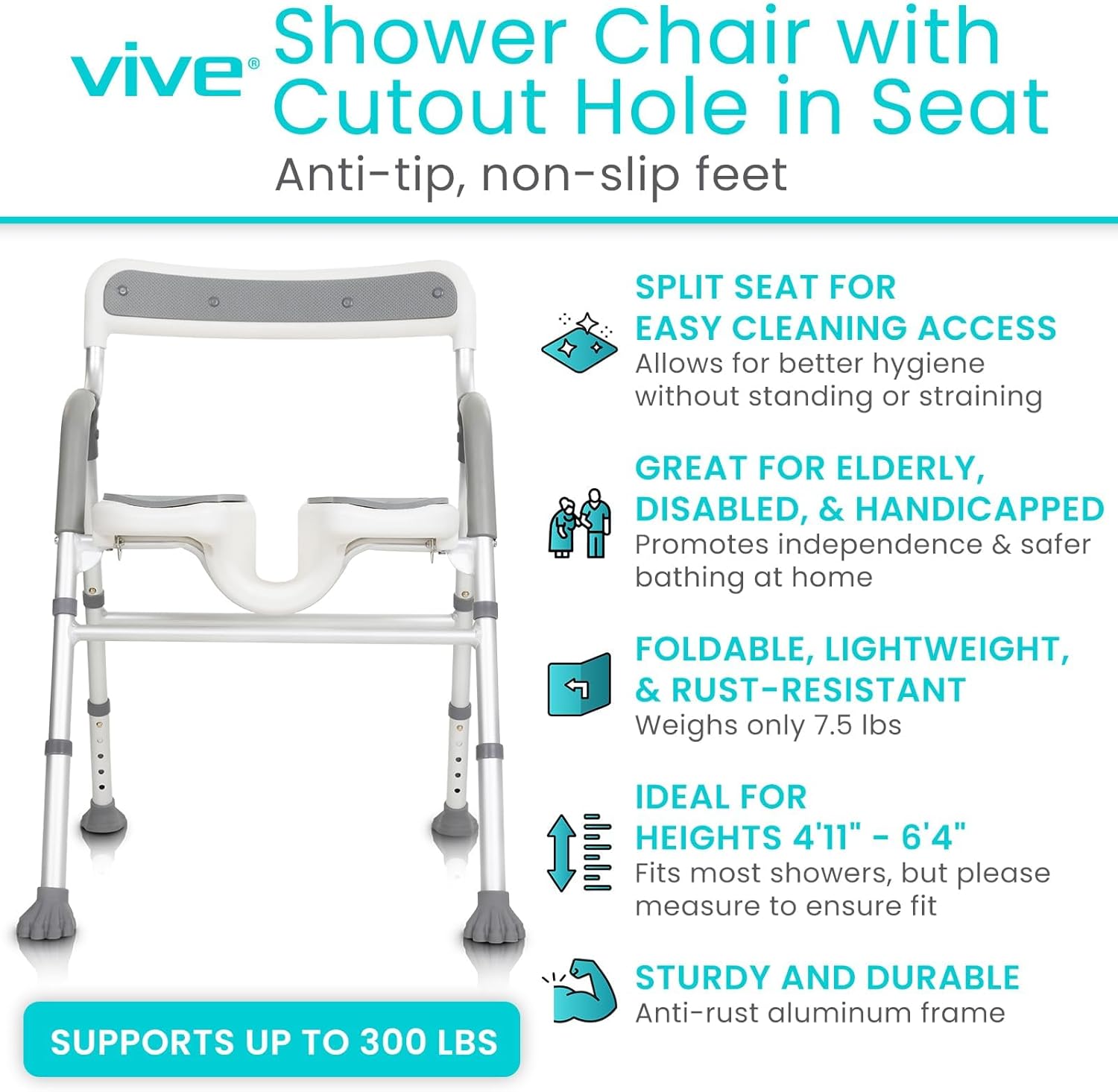 Vive Shower Chair for Elderly & Disabled - Handicap Bath Chair with Arms & U-Shape - Foldable, Adjustable Height - Padded Soaking w/Back & Drain Hole - Portable, Non-Slip, Safe Disability Aid