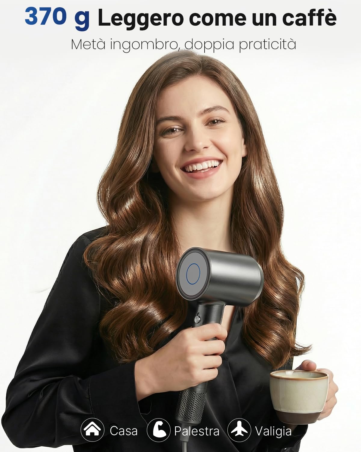 Phon Capelli Professionale, Asciugacapelli Ionico 160.000 RPM, Ultraleggero 370g e Silenzioso, Asciugatura Rapida Anticrespo, con Diffusore, Mini Phon da Viaggio e Idea Regalo Grigio