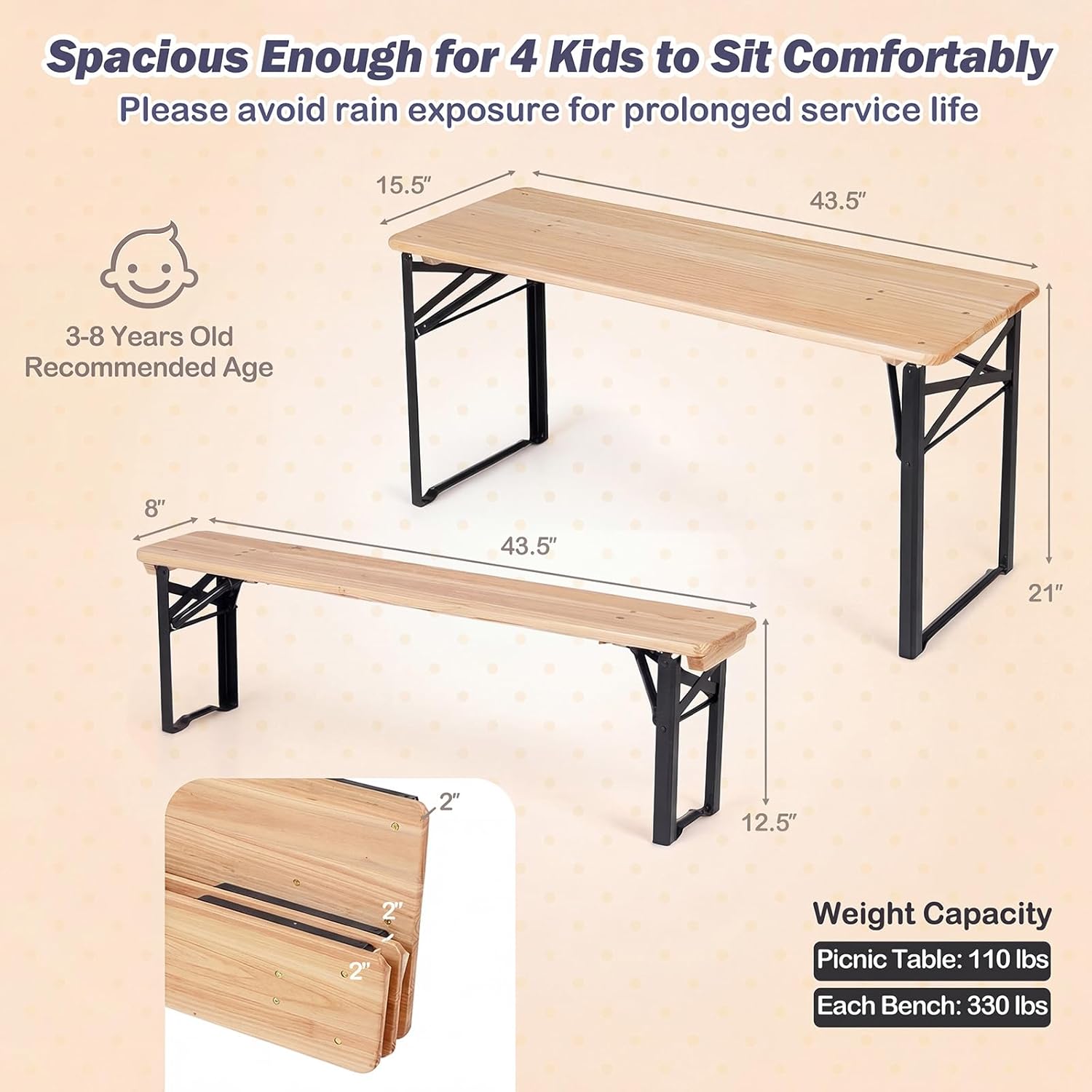 Costzon Kids Picnic Table, 43.5 Inch Folding Picnic Table with 2 Benches, Fir Wood Top & Metal Frame, No Assembly 3-Piece Portable Kids Indoor/Outdoor Furniture for Patio Backyard Daycare (Black)